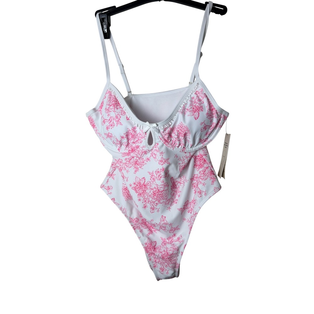 High Leg Extra Cheeky One Piece Swimsuit Floral Toile Pink White Underwire Small